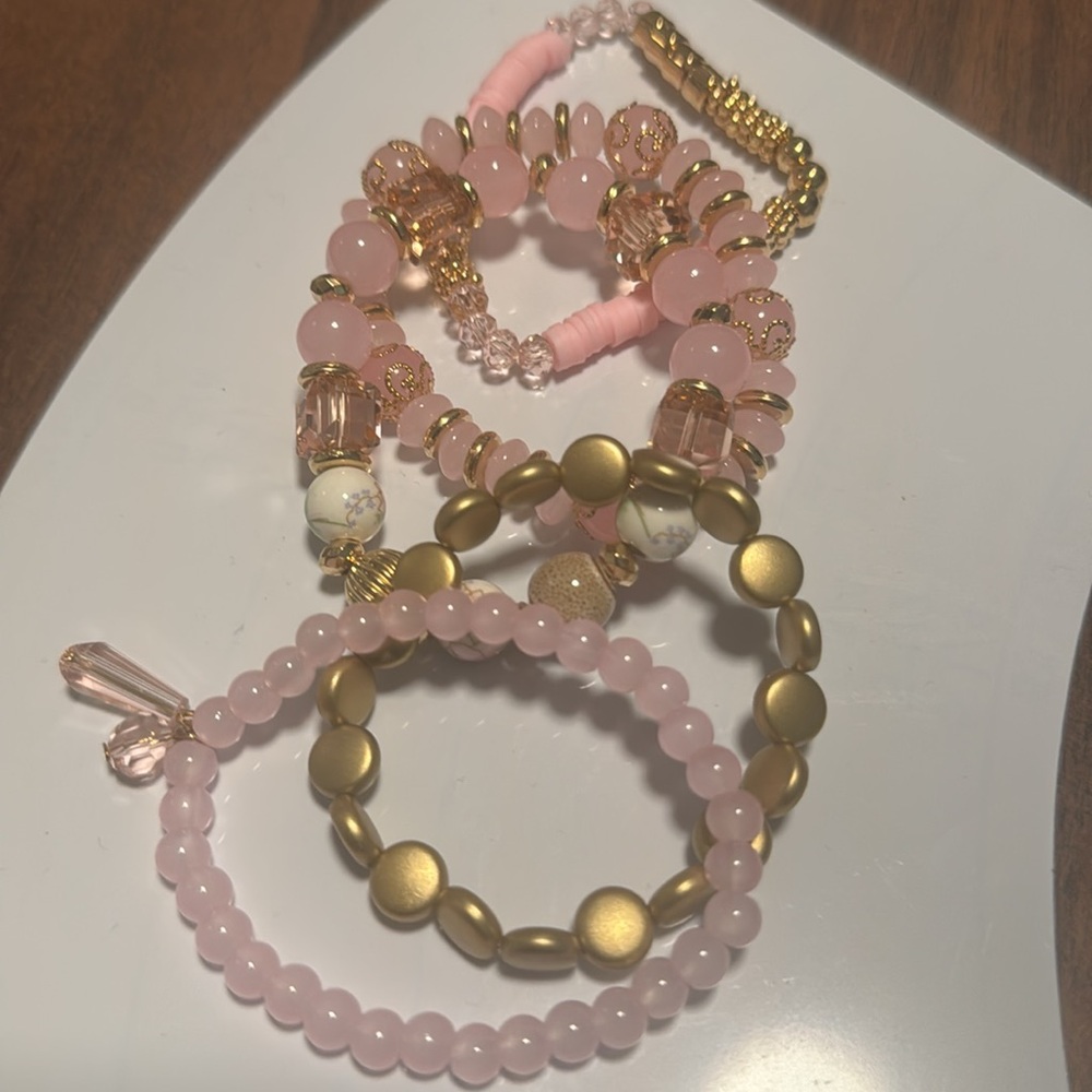 Charmed Stacked Pink and Gold Beaded Bracelets - Picture 2 of 6